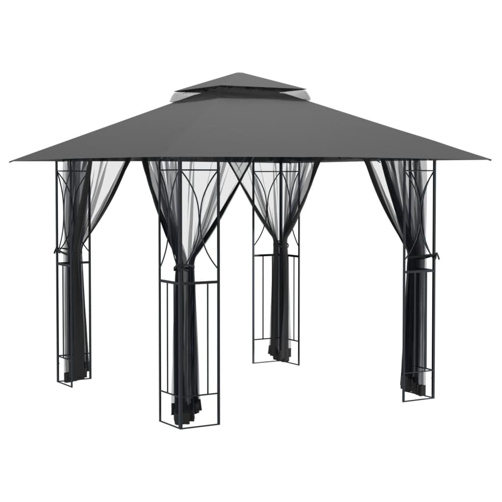 Steel Gazebo with Mesh Sidewalls Double-Tiered Roof A8087