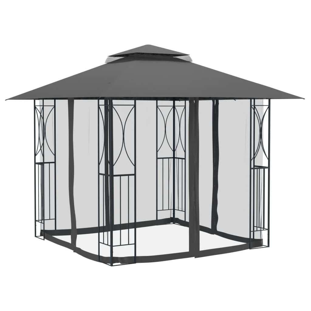 Steel Gazebo with Mesh Sidewalls Double-Tiered Roof A8087