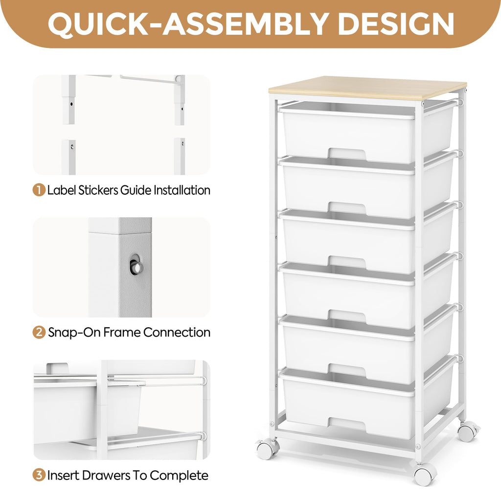 6 Drawer Rolling Storage Cart with Wooden Top and Wheels D2454