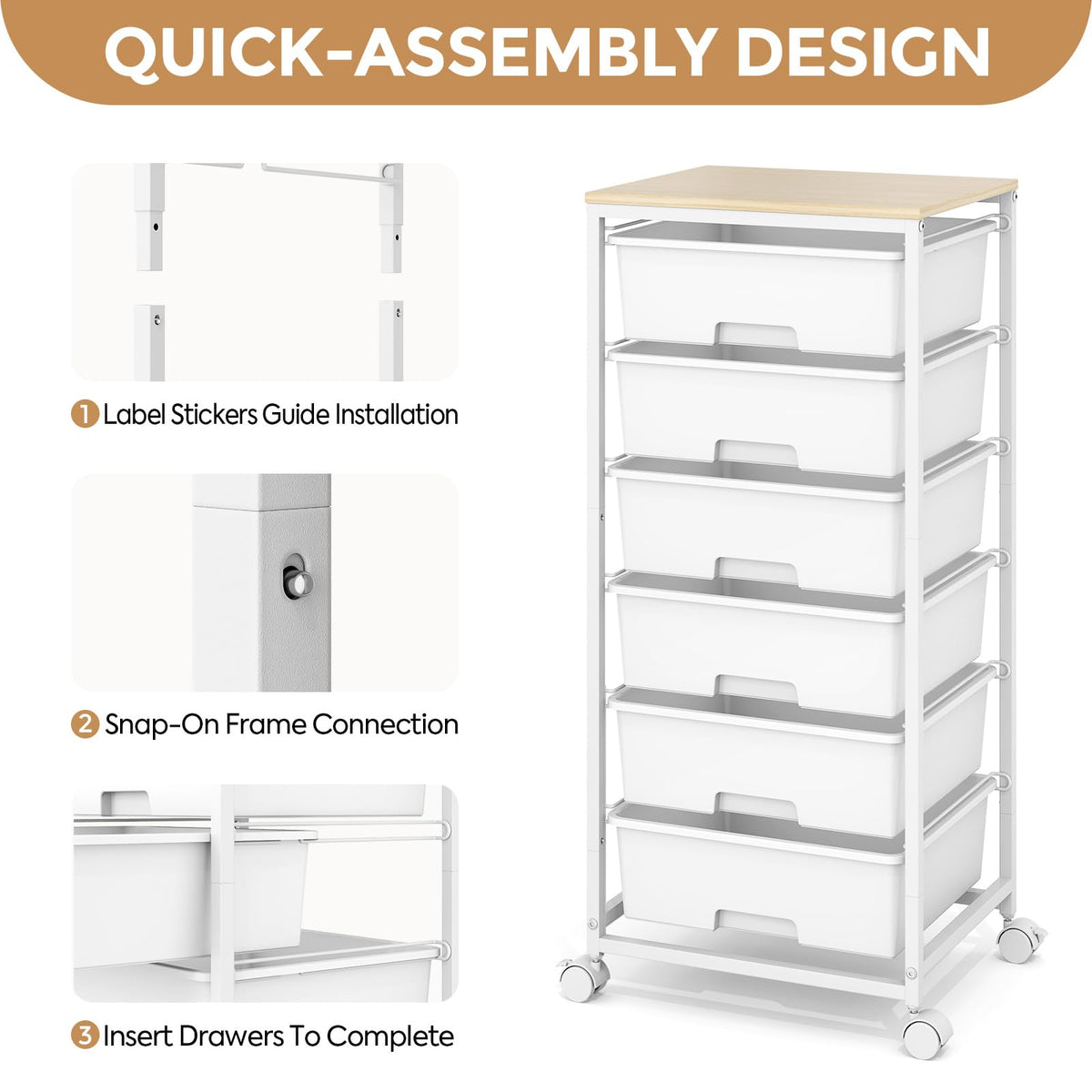 6 Drawer Rolling Storage Cart with Wooden Top and Wheels D2454