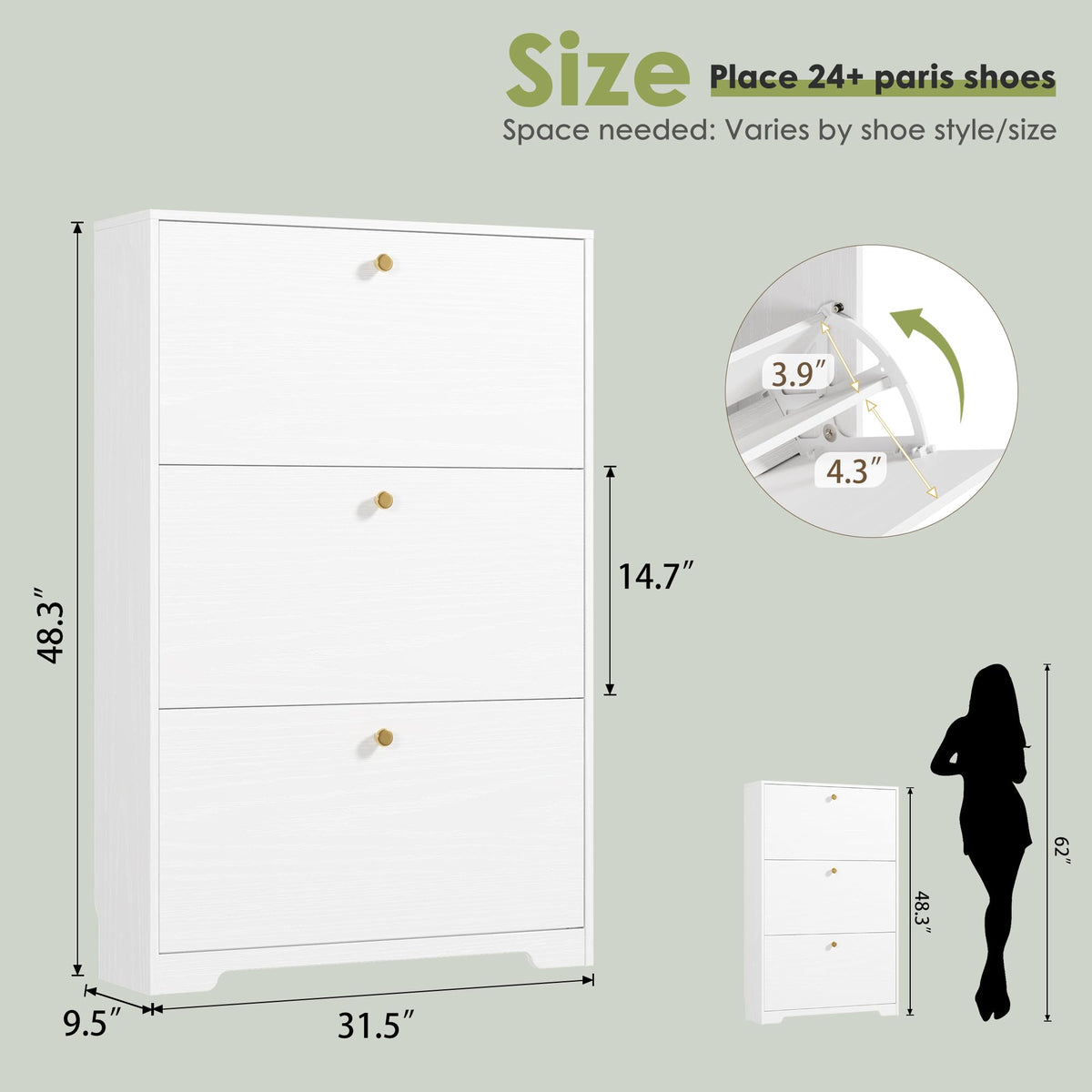 White 3 Flip Drawers Narrow Shoe Storage Cabinet K9918