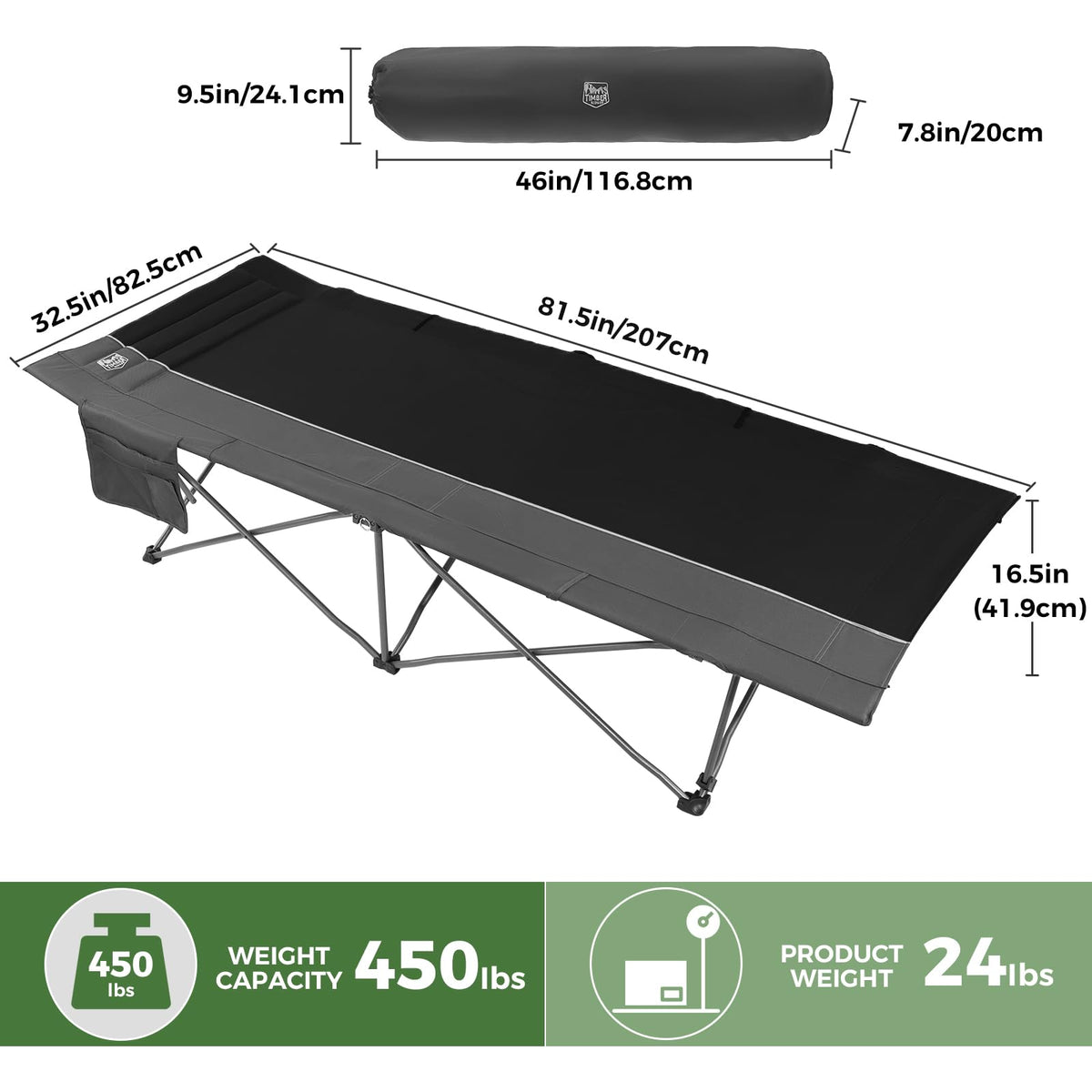 Extra Wide Heavy Duty Oversized Sleeping Cot with Carry Bag Black K612