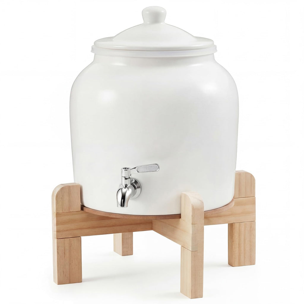 Ceramic Water Dispenser with Wood Stand and Stainless Steel Faucet I724
