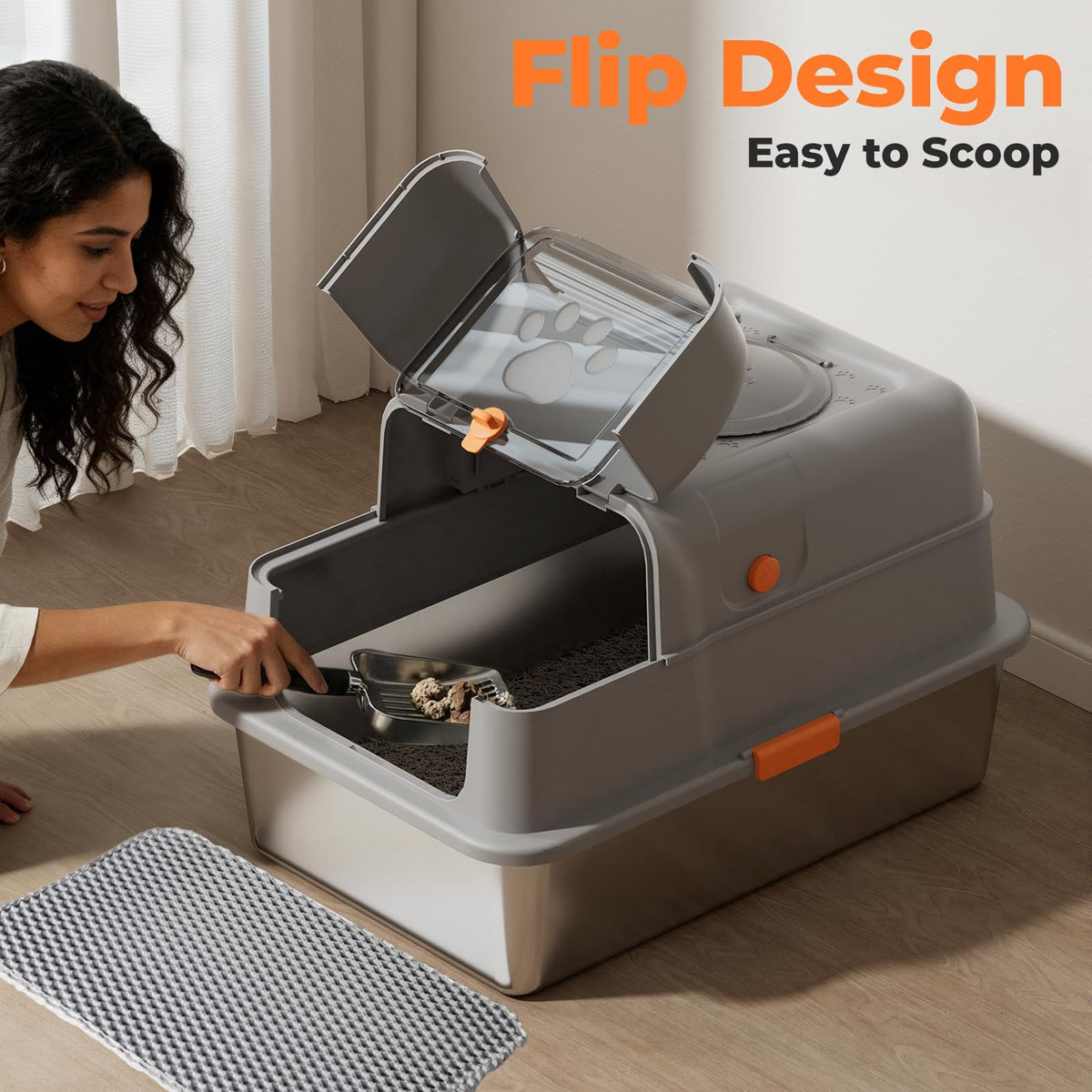 Non-Stick Stainless Steel Cat Litter Box with Lid H738