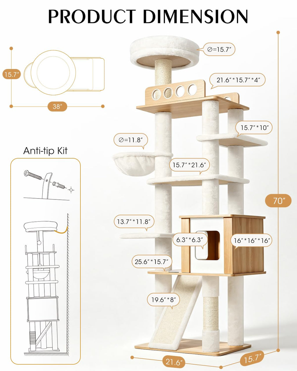 70" Wood Cat Tree for Large Cats Y646