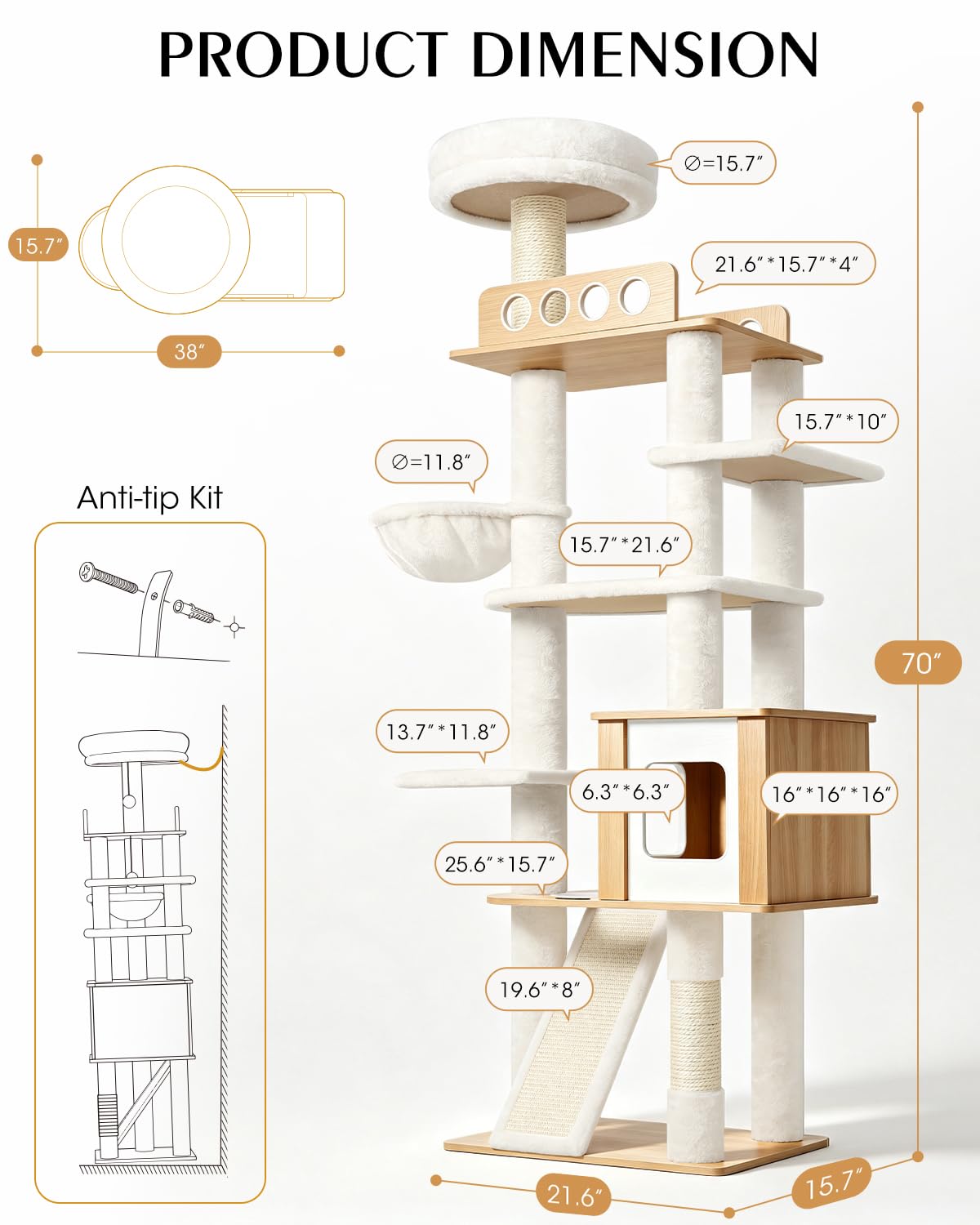 70" Wood Cat Tree for Large Cats Y646
