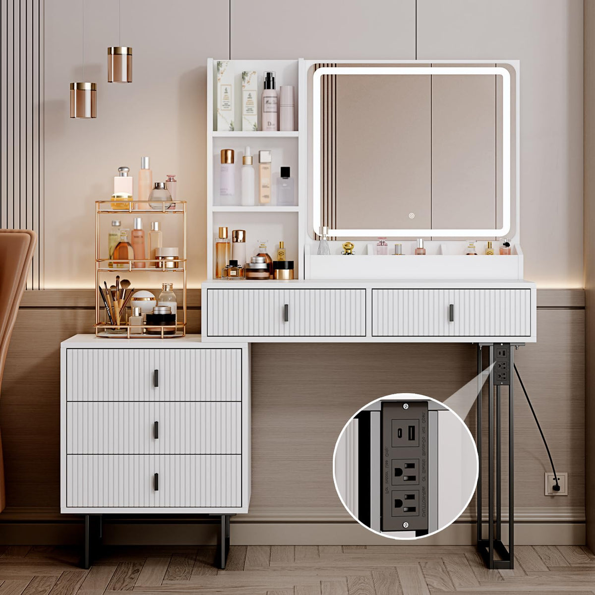 White Vanity Desk with Mirror and 5 Sliding Drawers O26617