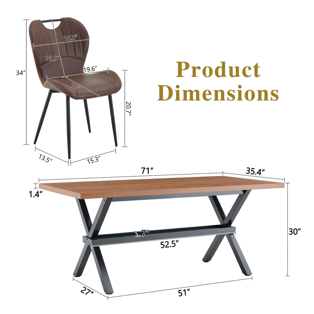 71-inch Dining Table with Chairs Set for 8, Walnut Wood Kitchen Table with Storage Shelf and Metal Legs, Brown PU Chairs Q689