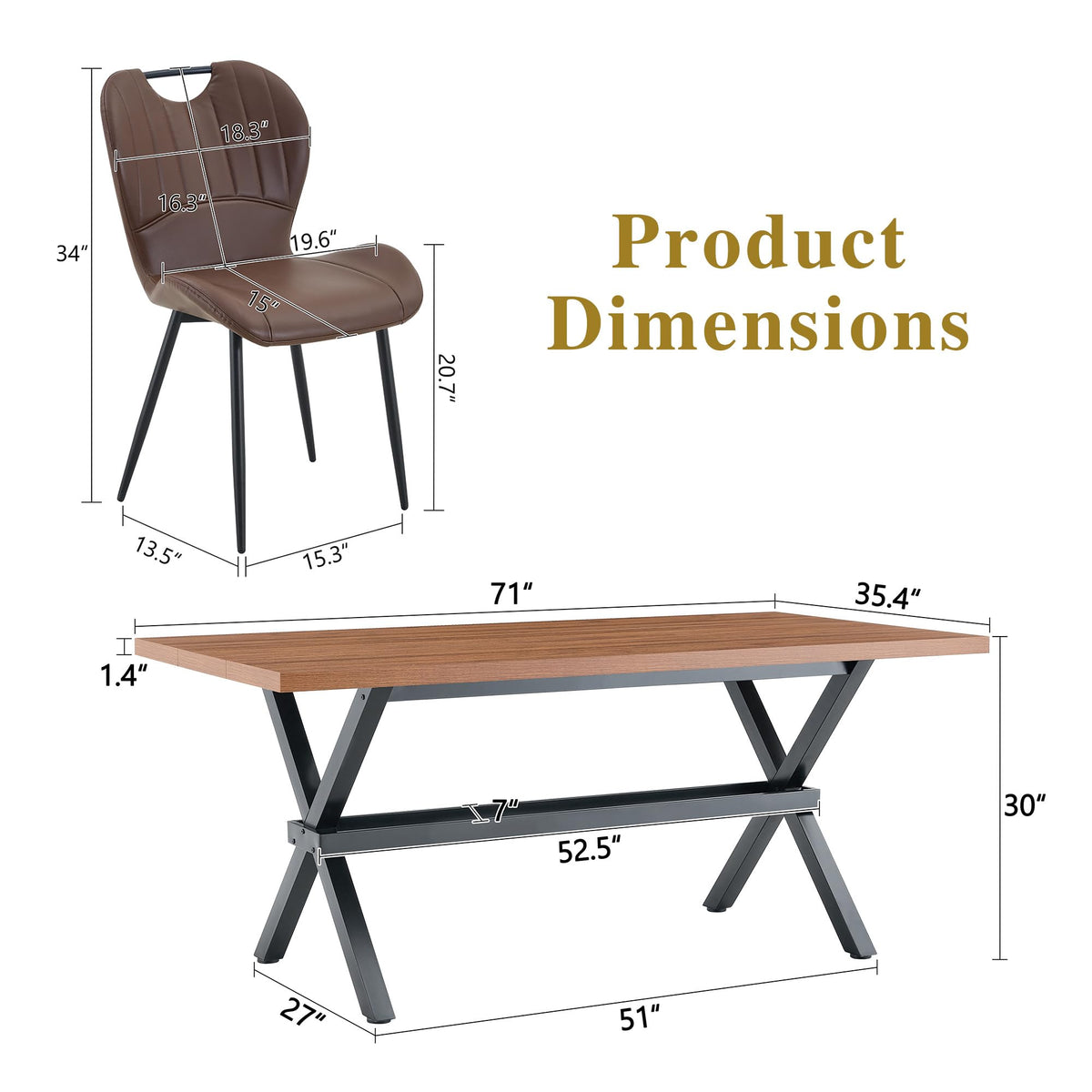 71-inch Dining Table with Chairs Set for 8, Walnut Wood Kitchen Table with Storage Shelf and Metal Legs, Brown PU Chairs Q689