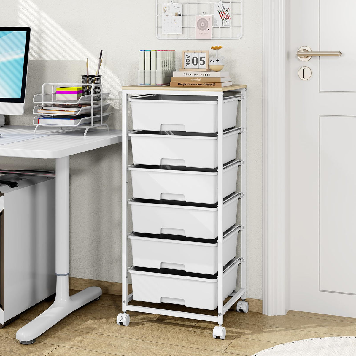 6 Drawer Rolling Storage Cart with Wooden Top and Wheels D2454