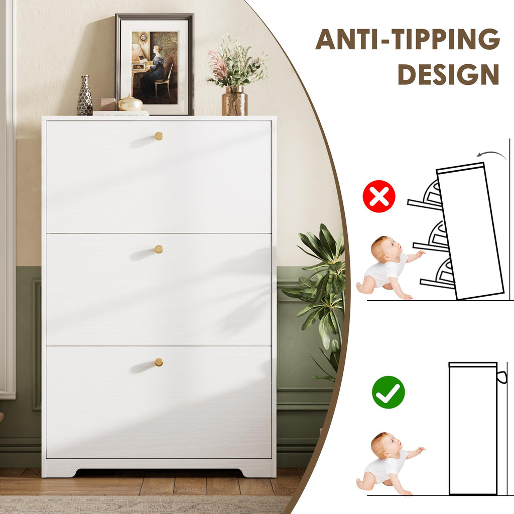 White 3 Flip Drawers Narrow Shoe Storage Cabinet K9918