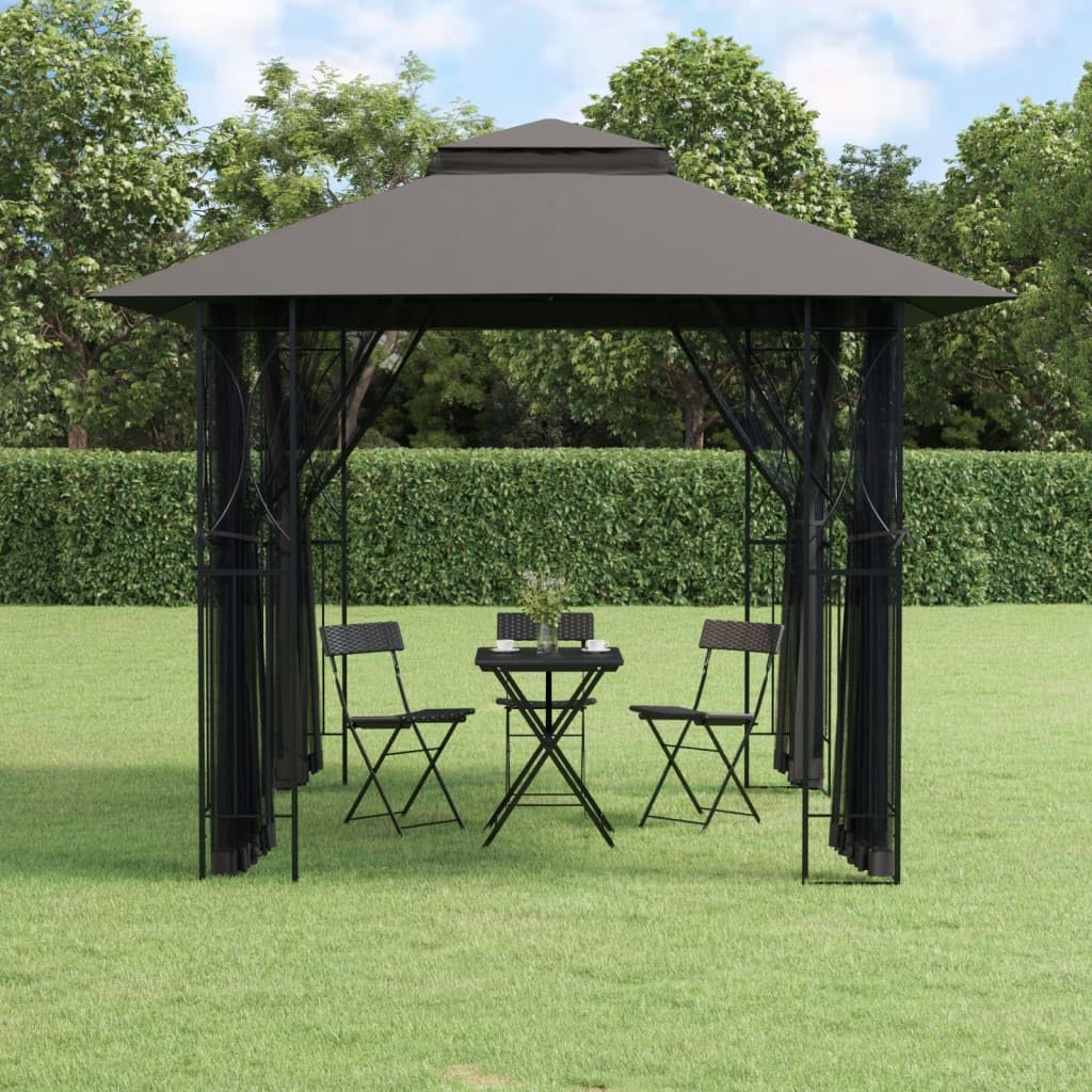 Steel Gazebo with Mesh Sidewalls Double-Tiered Roof A8087