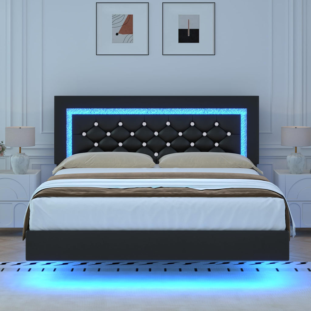 Black Full Floating Bed Frame with LED Lights and Tufted Headboard U208453