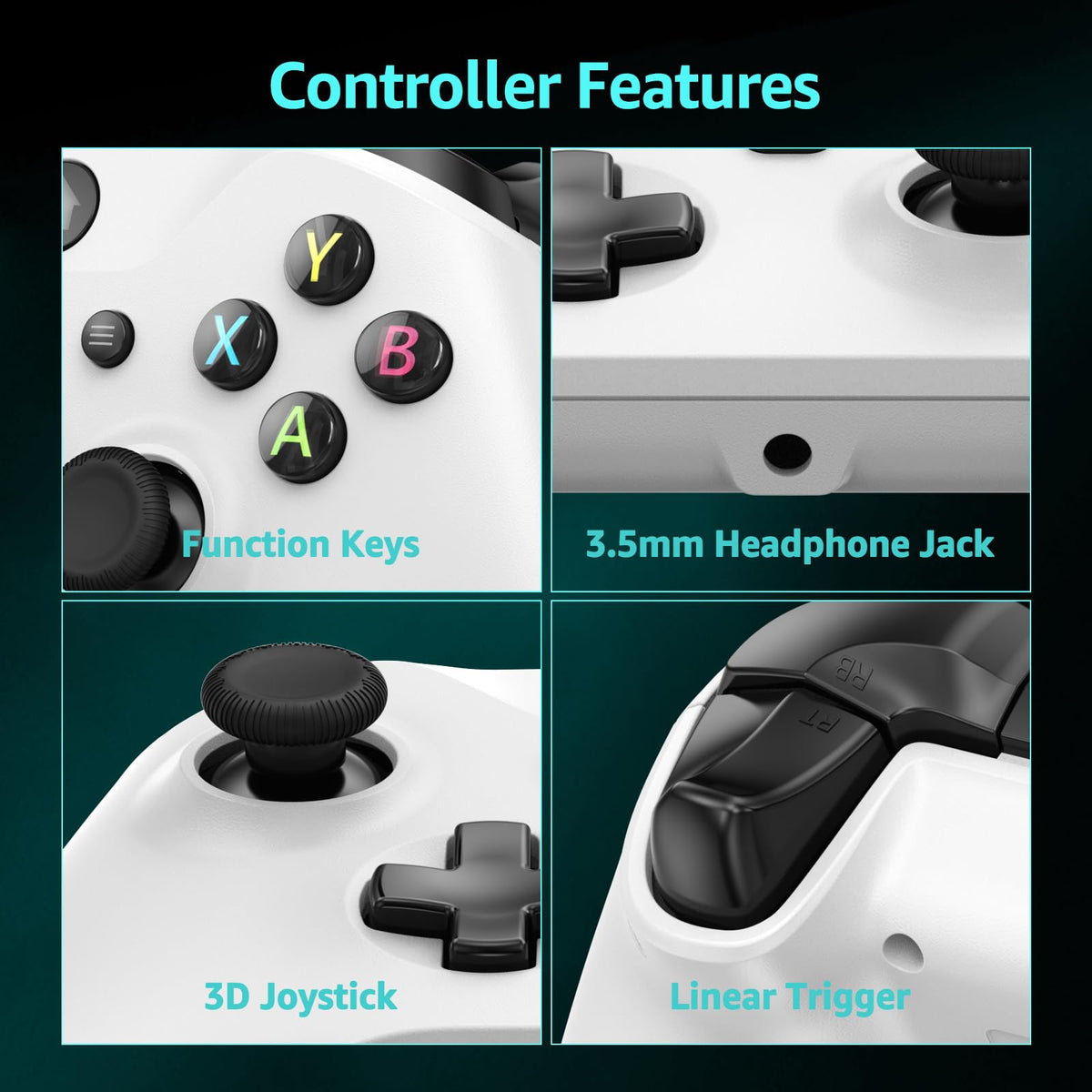 Wired Gamepad with Hall Effect Joysticks Turbo Dual Vibration 3.5mm Headphone Jack White 7.2ft R4863