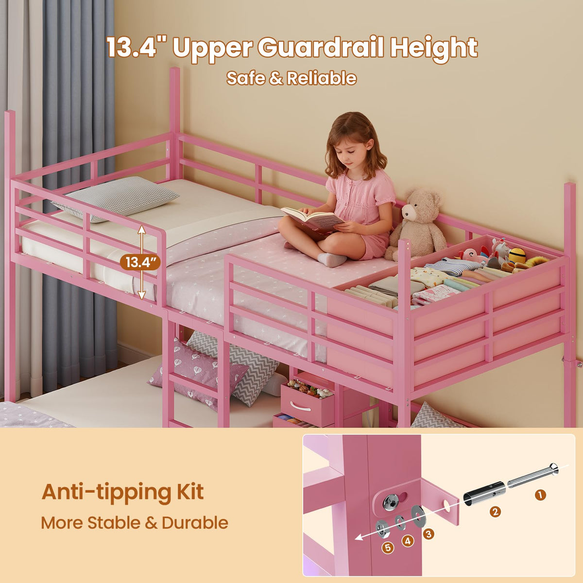 Triple Bunk Bed Twin Over Twin with Storage O95500