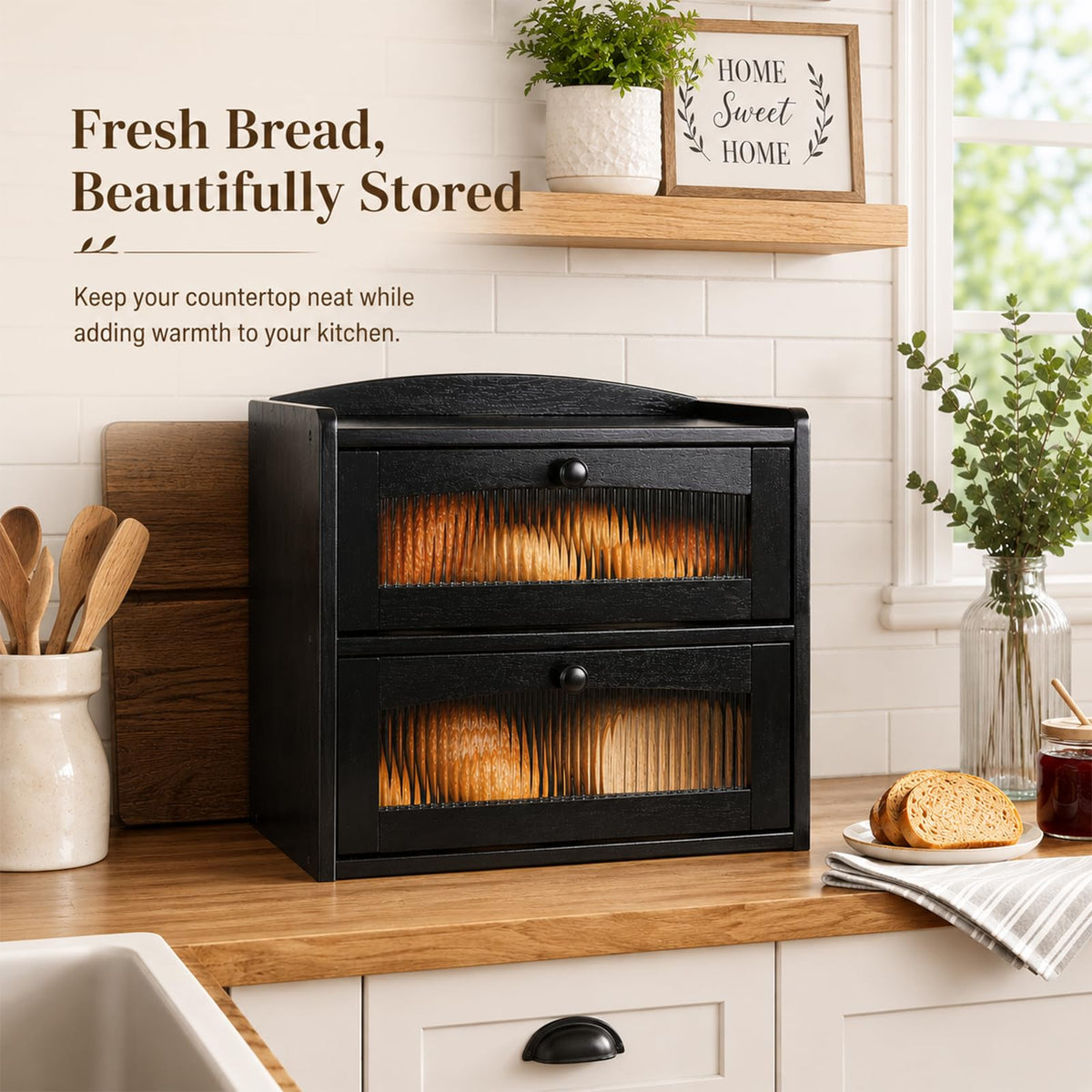 Wooden 2-Tier Bread Box with Window Y743