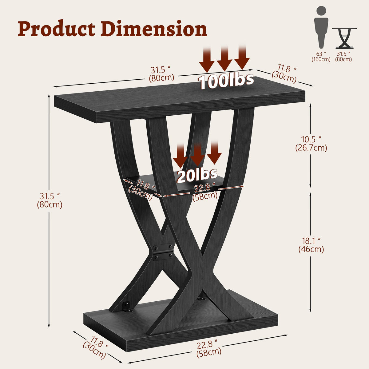 31.5" 3 Tier Black Console Table D666103