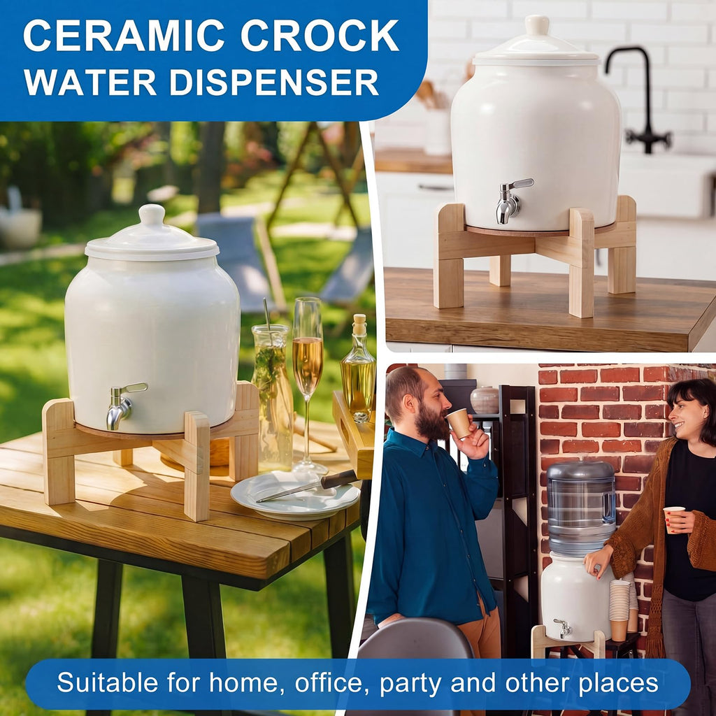 Ceramic Water Dispenser with Wood Stand and Stainless Steel Faucet I724