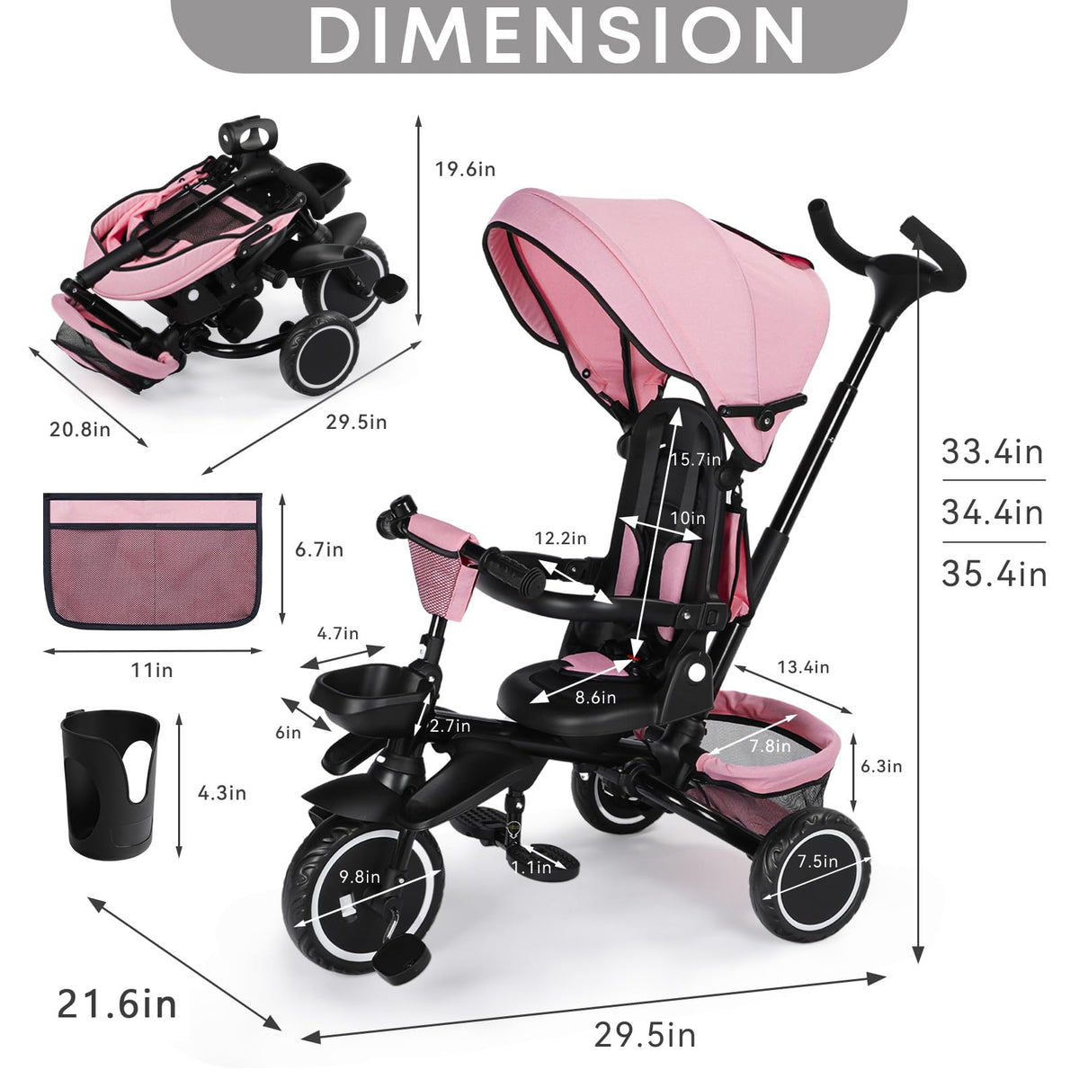 8 in 1 Toddler Tricycle with Push Handle U7549