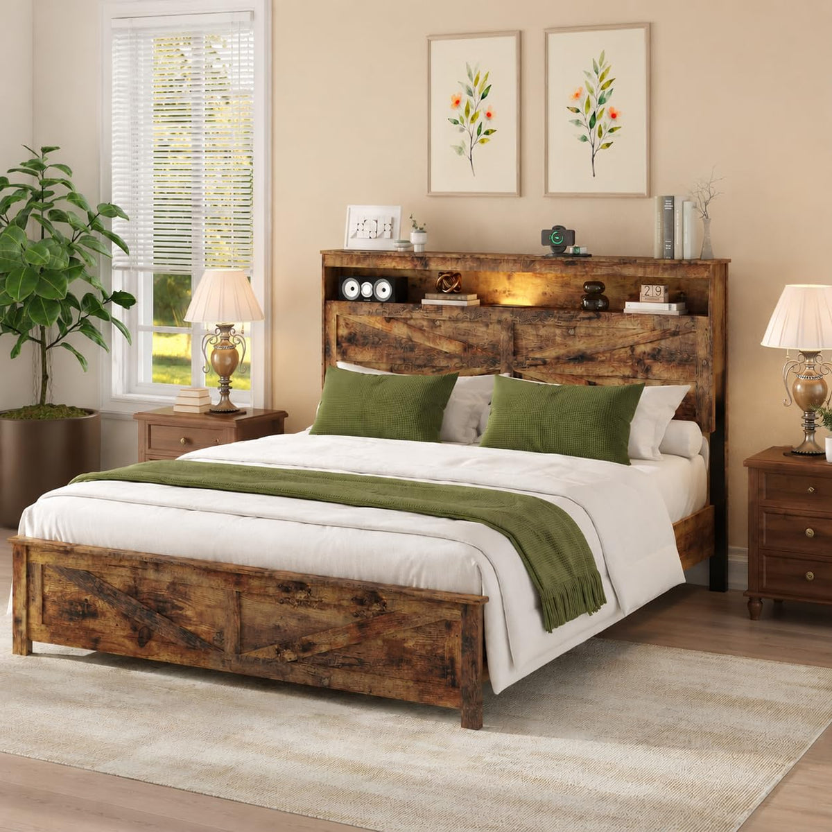 King Size Wood Platform Bed Frame with Headboard Storage Shelf N6495