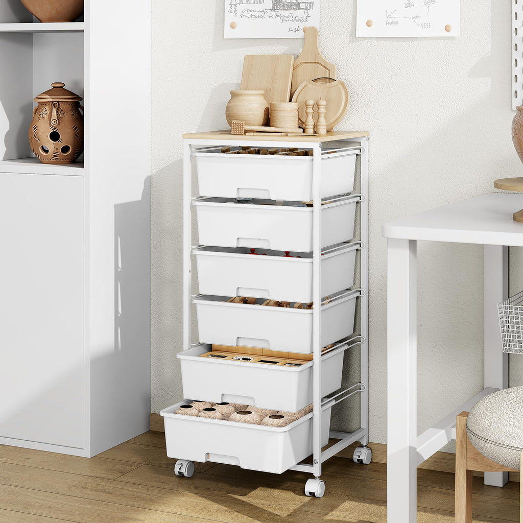 6 Drawer Rolling Storage Cart with Wooden Top and Wheels D2454
