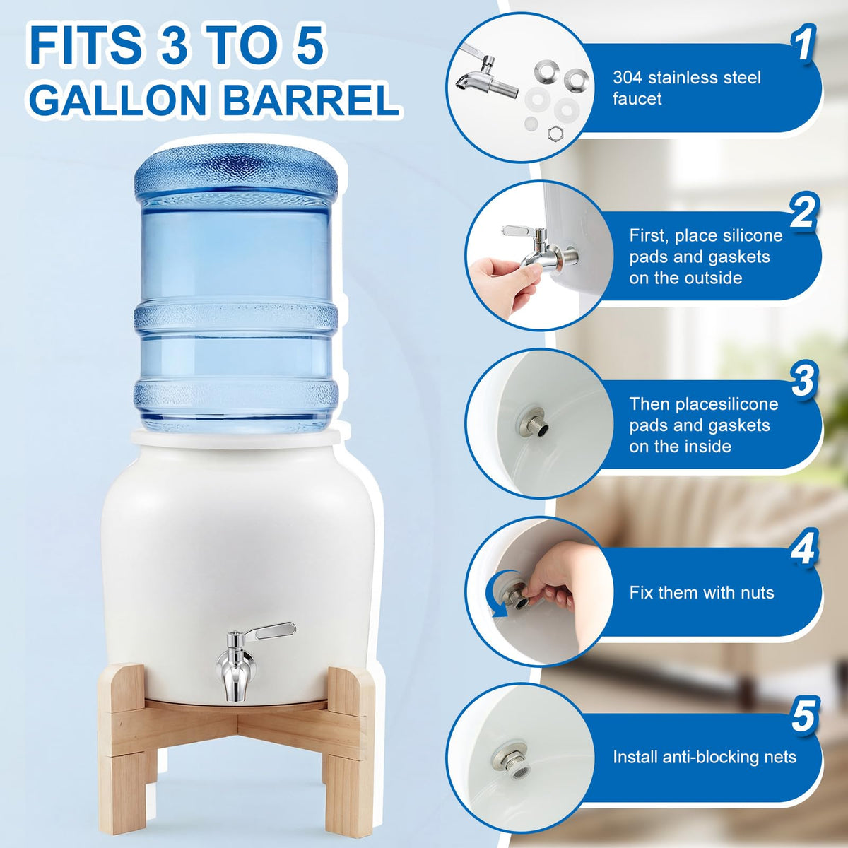 Ceramic Water Dispenser with Wood Stand and Stainless Steel Faucet I724