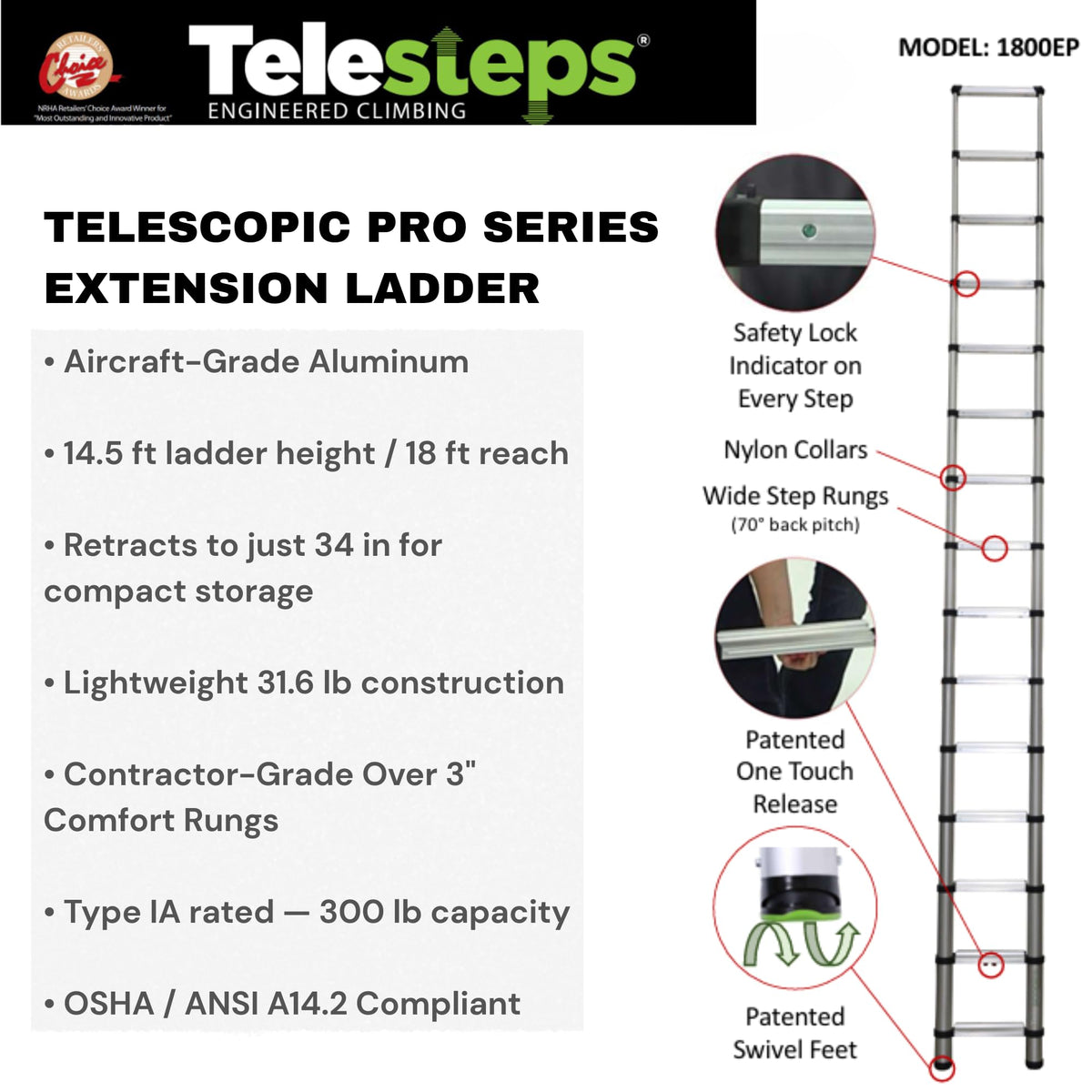 Telescoping Extension Ladder 14.5 ft 300 lb T2326