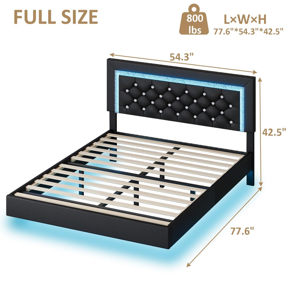 Black Full Floating Bed Frame with LED Lights and Tufted Headboard U208453