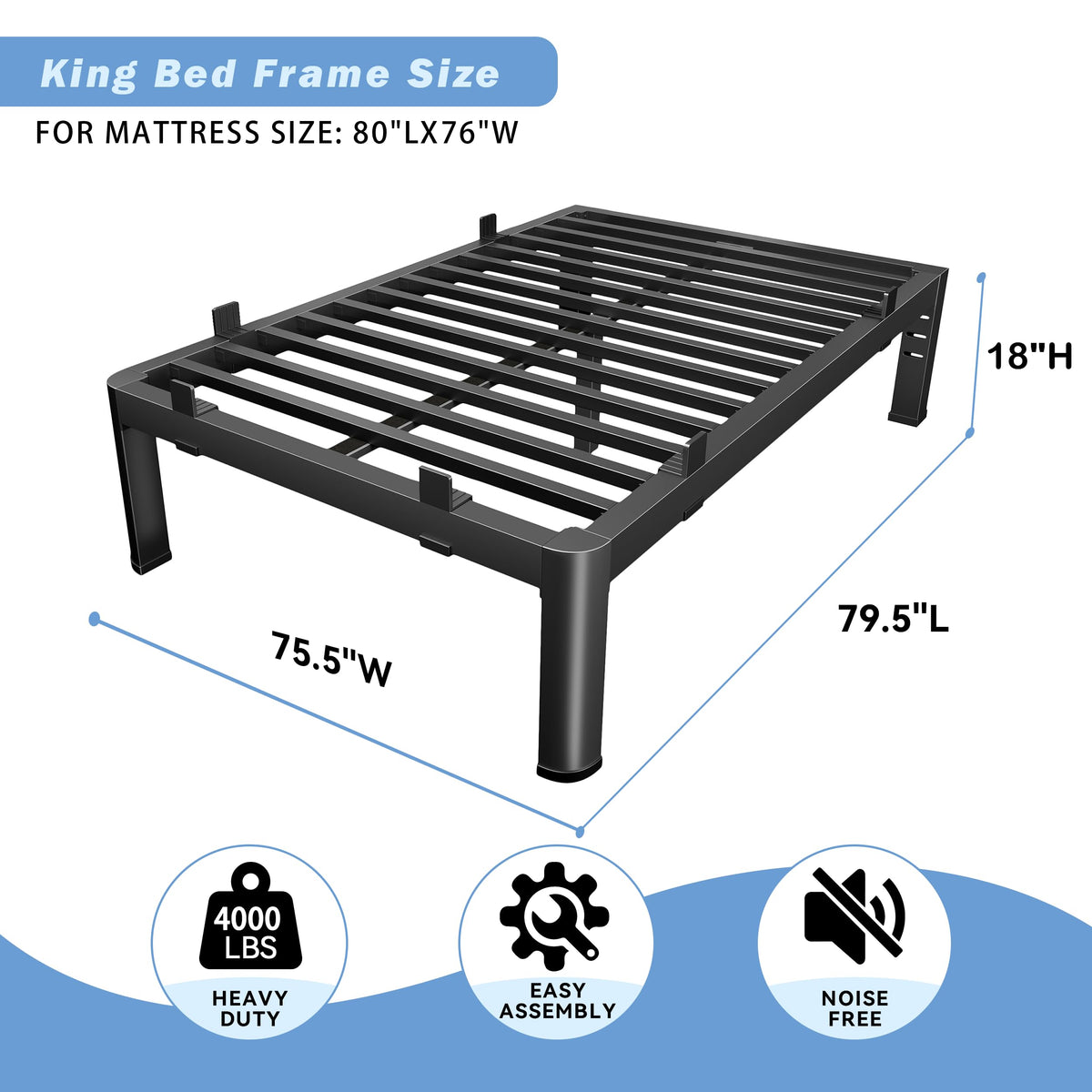 18 Inch Metal King Bed Frame with Steel Support O853