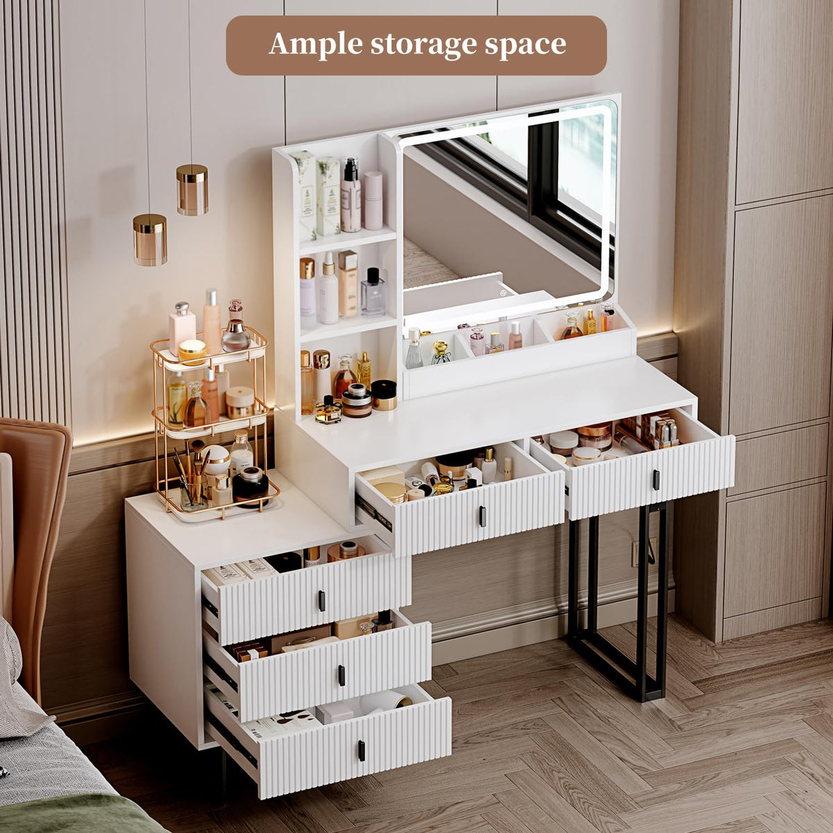 White Vanity Desk with Mirror and 5 Sliding Drawers O26617