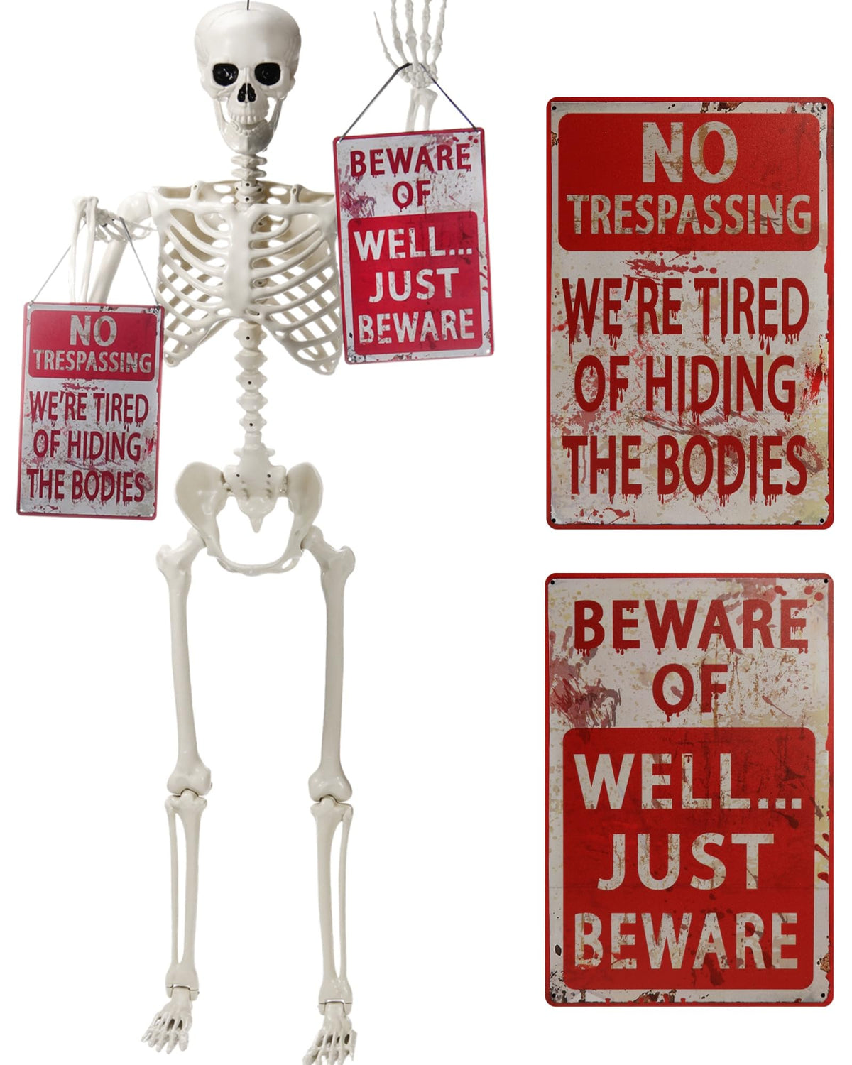 5.4 ft Posable Skeleton with 2 Pack Metal Signs P316