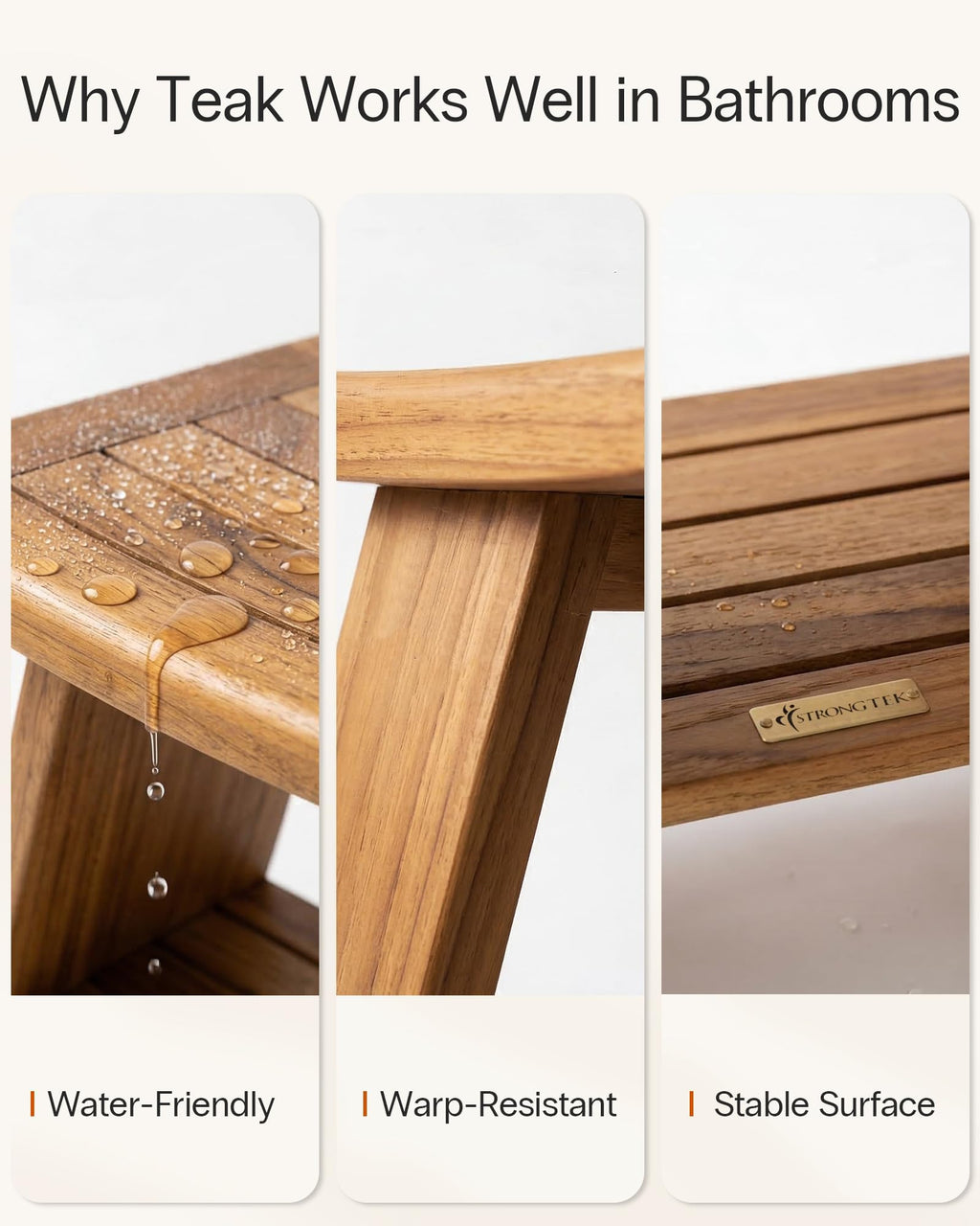 Teak Shower Stool with Shelf, 18 in, 400 lb Capacity Y613