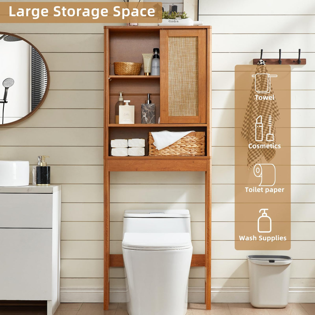 68" Over the Toilet Storage Cabinet with Rattan Sliding Door G2512