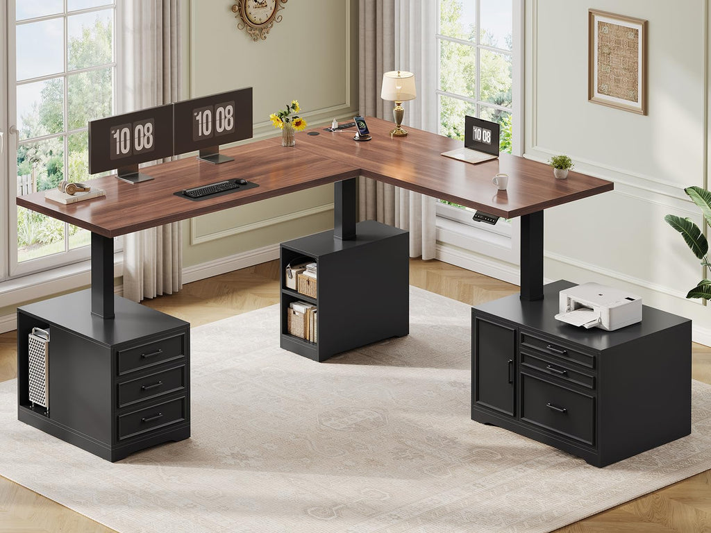 L Shaped Black Electric Standing Desk with 6 Drawers J40102