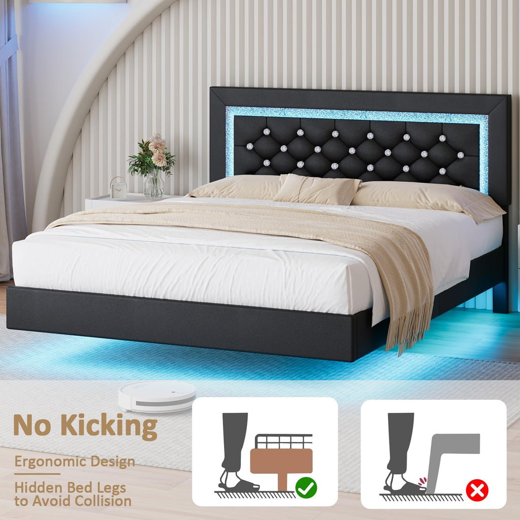 Black Full Floating Bed Frame with LED Lights and Tufted Headboard U208453