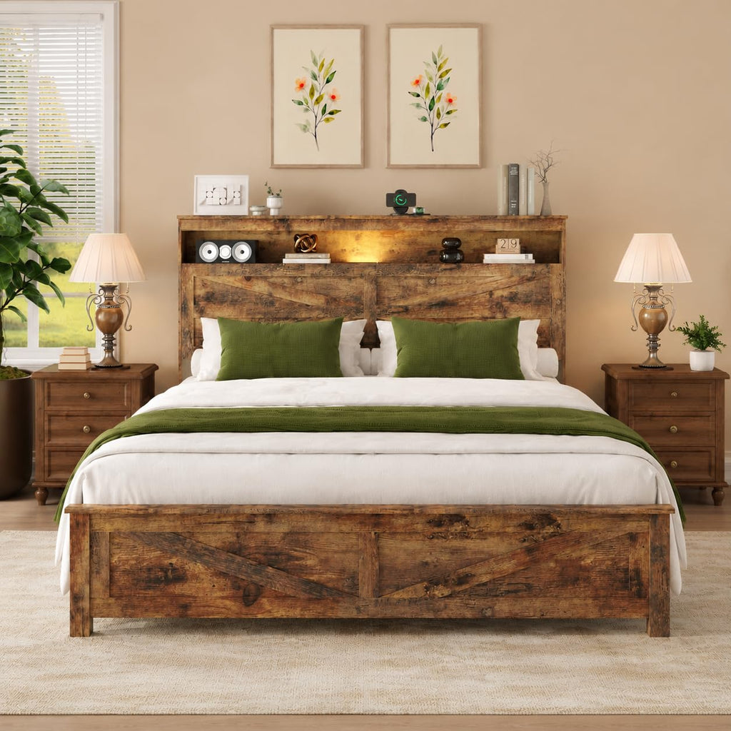 King Size Wood Platform Bed Frame with Headboard Storage Shelf N6495