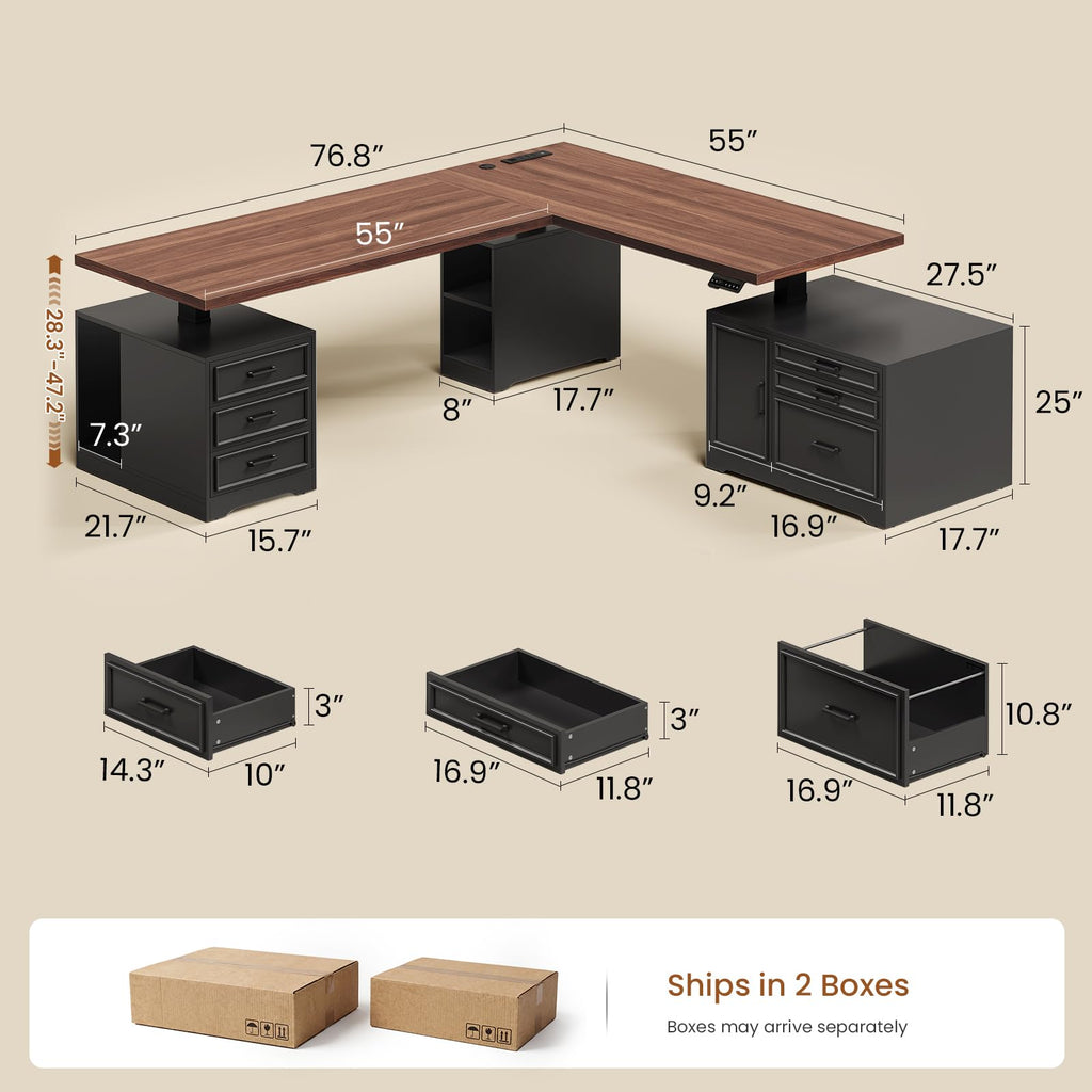 L Shaped Black Electric Standing Desk with 6 Drawers J40102