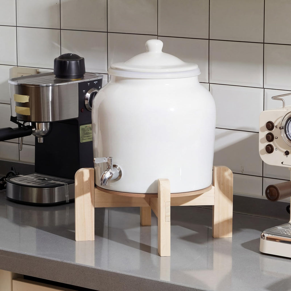 Ceramic Water Dispenser with Wood Stand and Stainless Steel Faucet I724