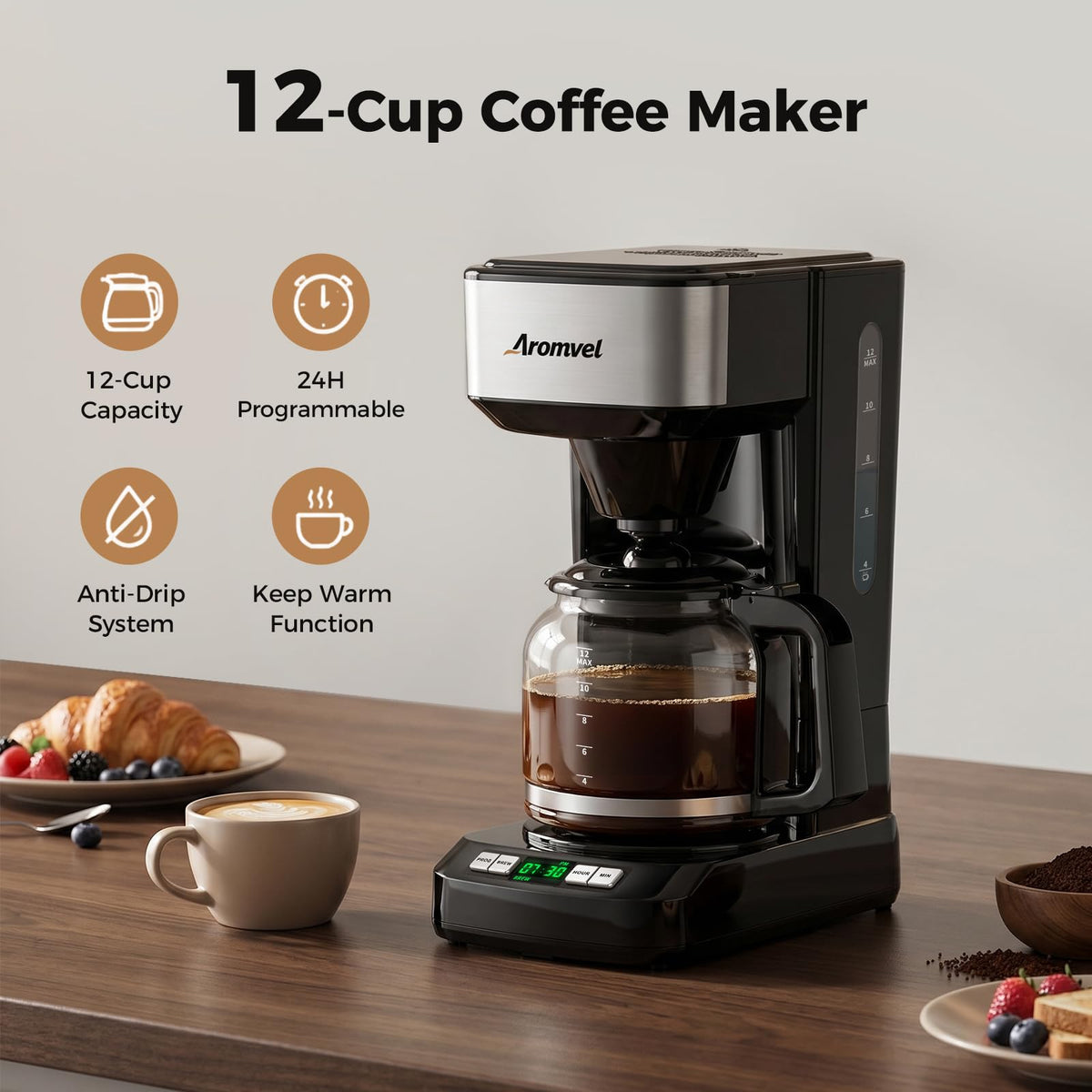 12-Cup Programmable Drip Coffee Maker with Glass Carafe V76276