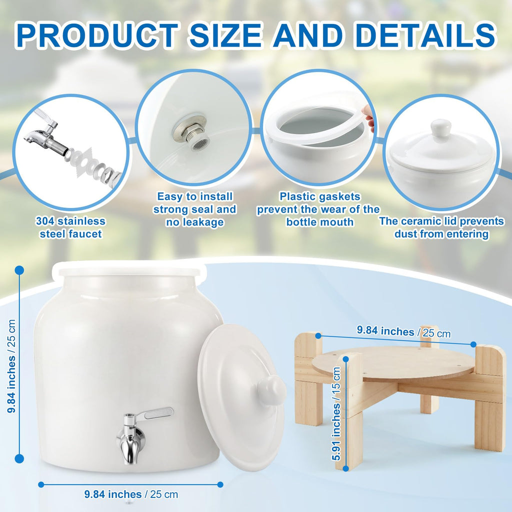 Ceramic Water Dispenser with Wood Stand and Stainless Steel Faucet I724
