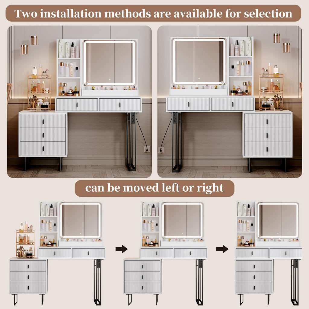White Vanity Desk with Mirror and 5 Sliding Drawers O26617