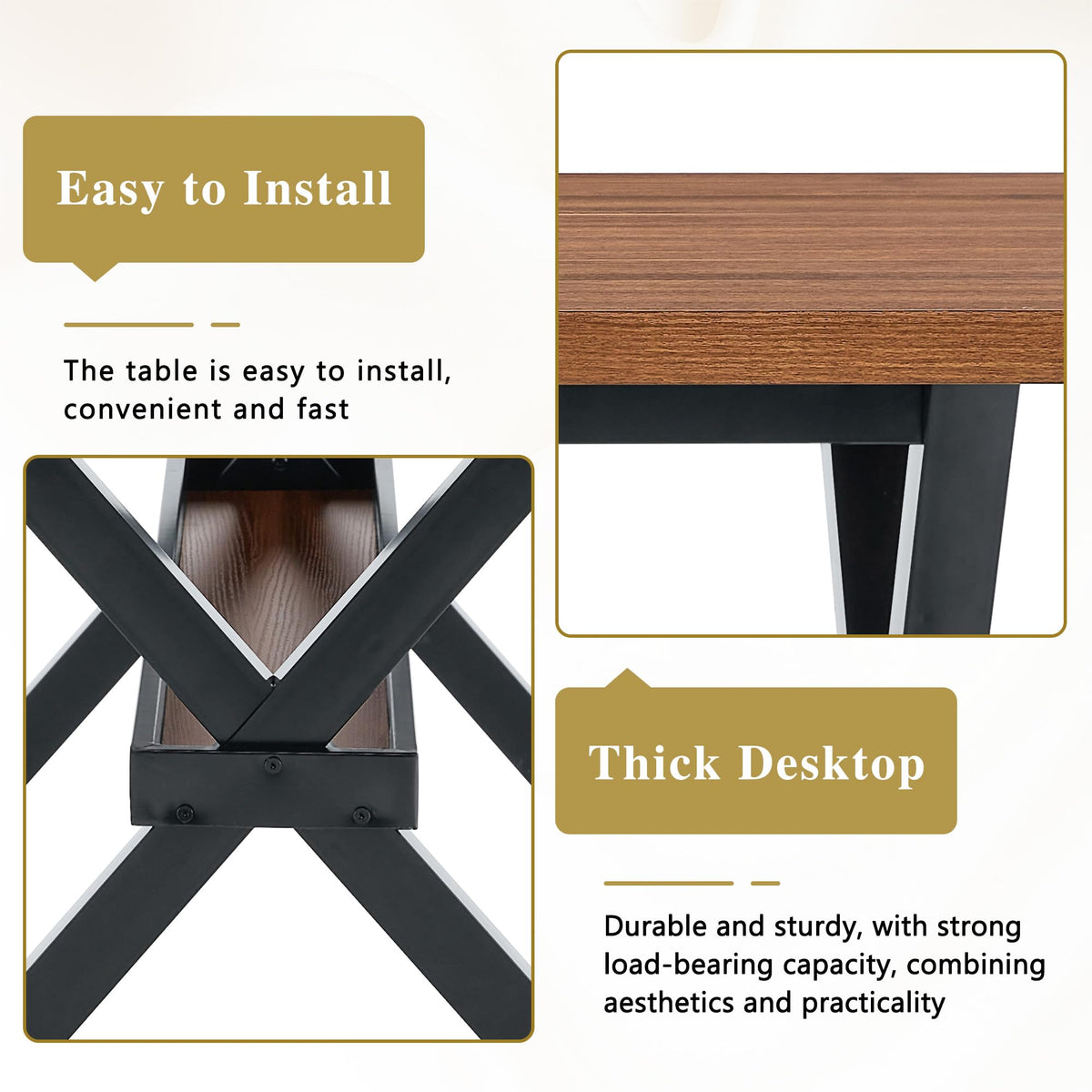 71-inch Dining Table with Chairs Set for 8, Walnut Wood Kitchen Table with Storage Shelf and Metal Legs, Brown PU Chairs Q689