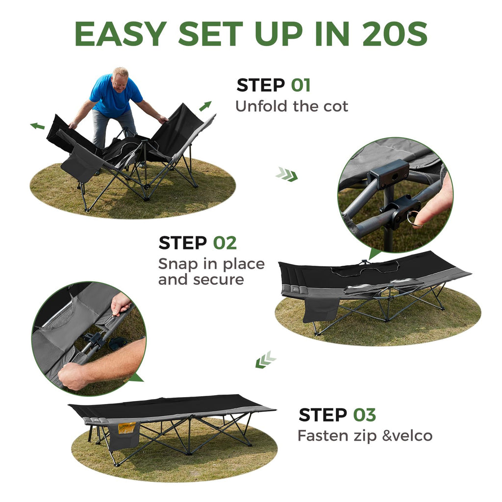 Extra Wide Heavy Duty Oversized Sleeping Cot with Carry Bag Black K612