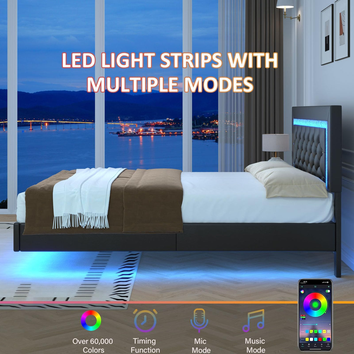 Black Full Floating Bed Frame with LED Lights and Tufted Headboard U208453