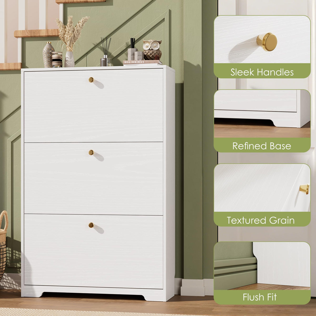 White 3 Flip Drawers Narrow Shoe Storage Cabinet K9918