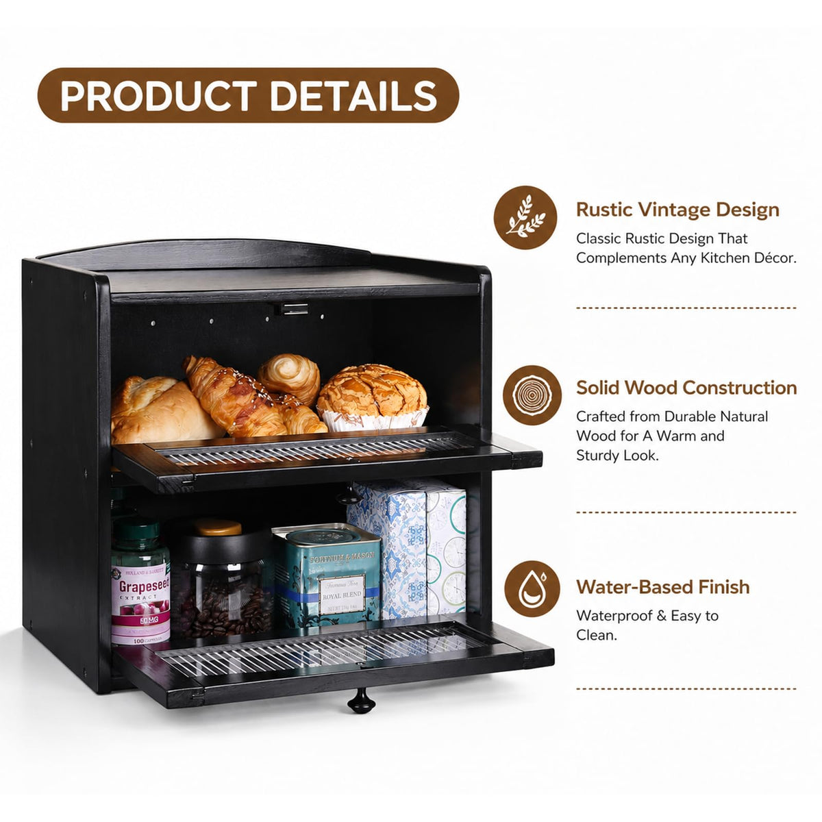 Wooden 2-Tier Bread Box with Window Y743