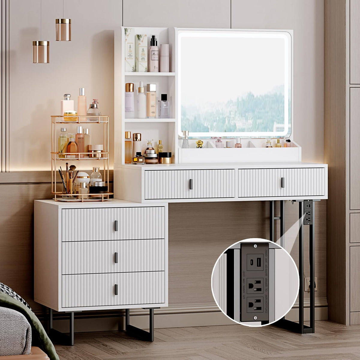 White Vanity Desk with Mirror and 5 Sliding Drawers O26617