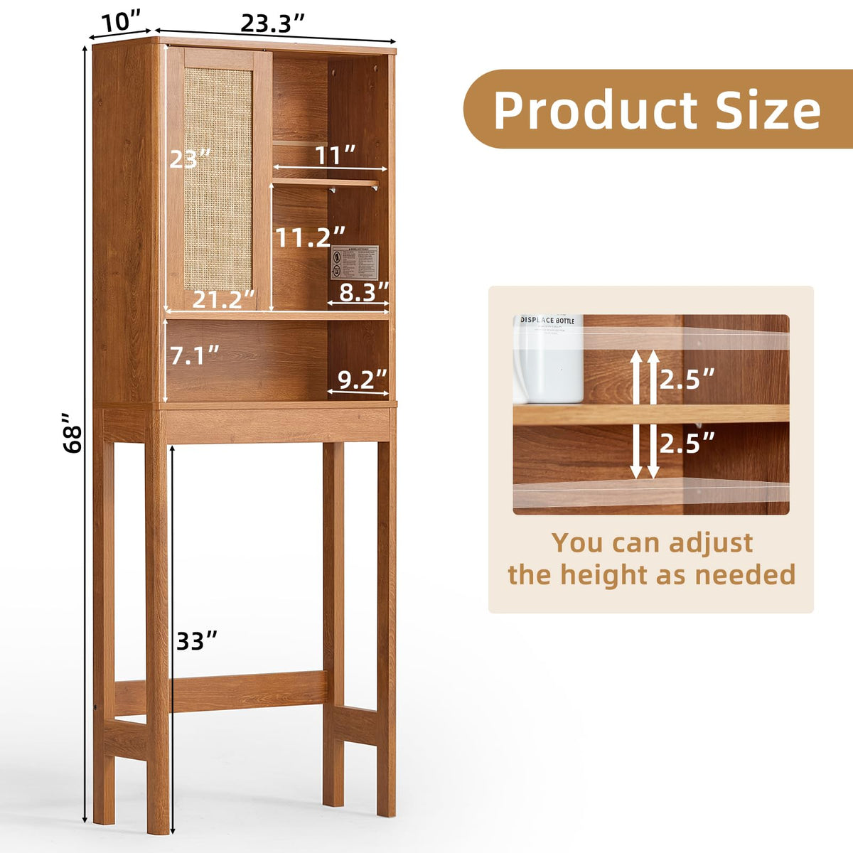 68" Over the Toilet Storage Cabinet with Rattan Sliding Door G2512