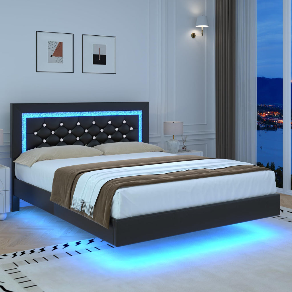 Black Full Floating Bed Frame with LED Lights and Tufted Headboard U208453