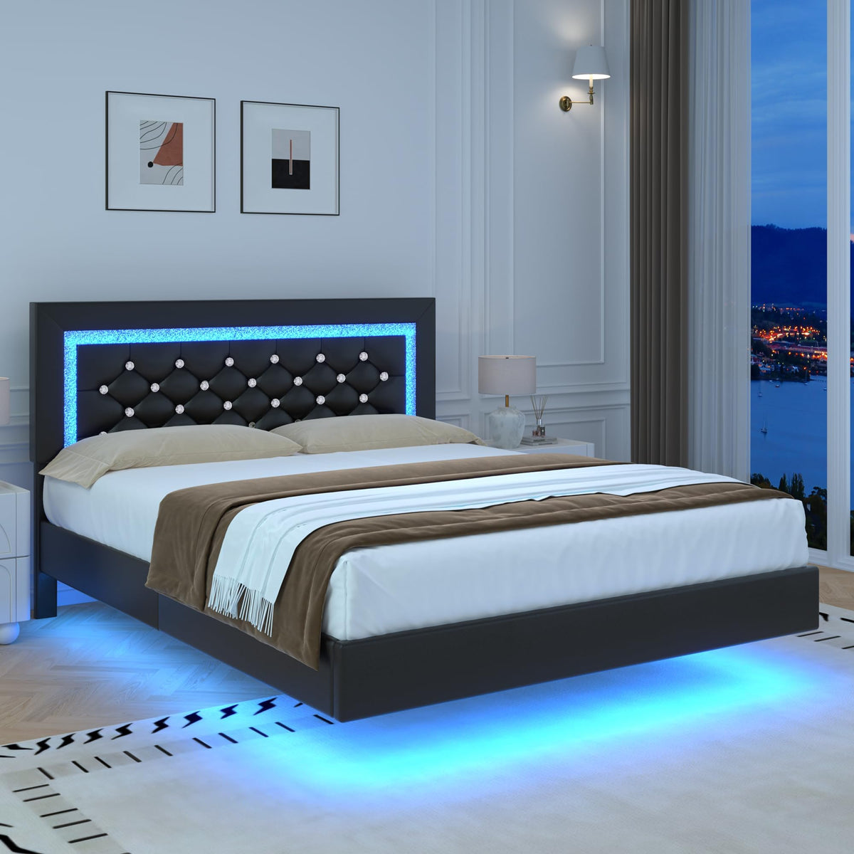Black Full Floating Bed Frame with LED Lights and Tufted Headboard U208453